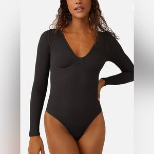 FREE PEOPLE Intimately Ribbed Nylon Bodysuit Obsidian $68 Retail NWT